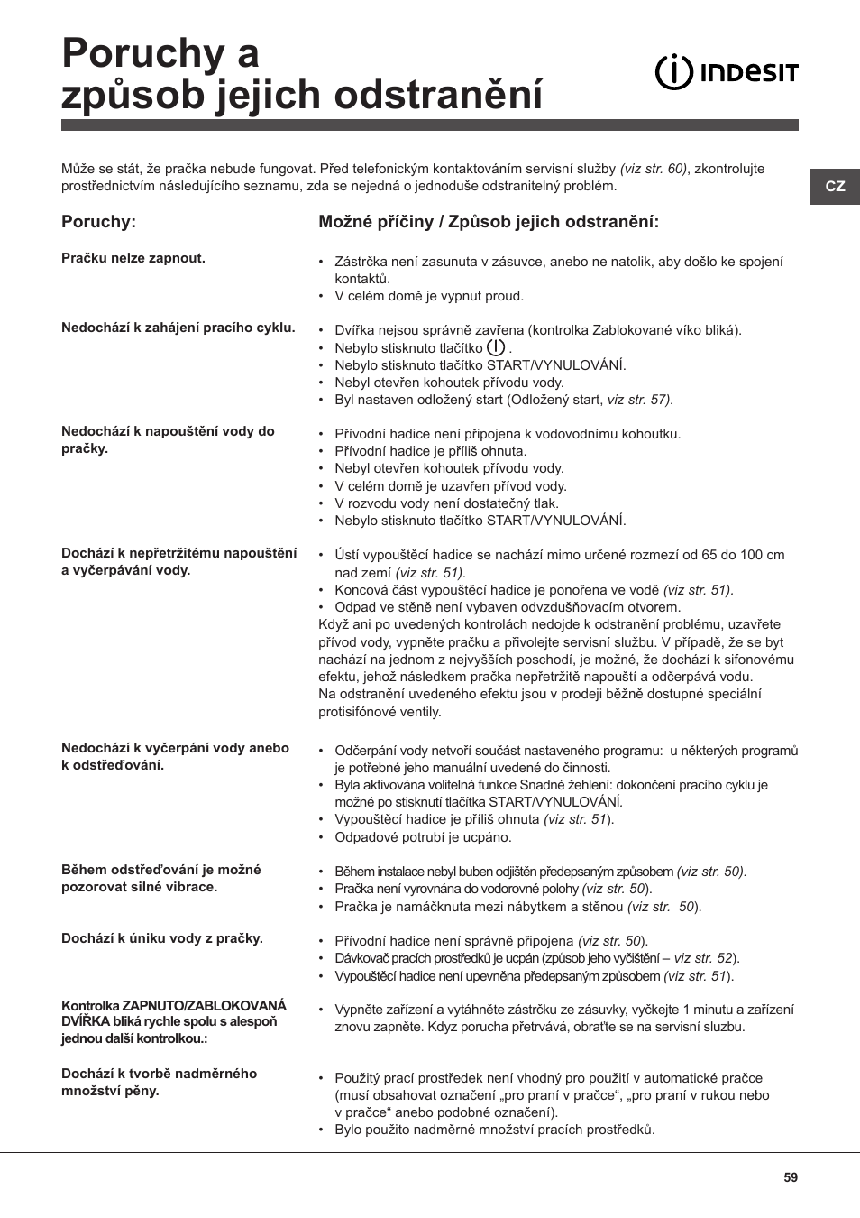 Poruchy a způsob jejich odstranění | Indesit WITL-861-(EU) User Manual | Page 59 / 92