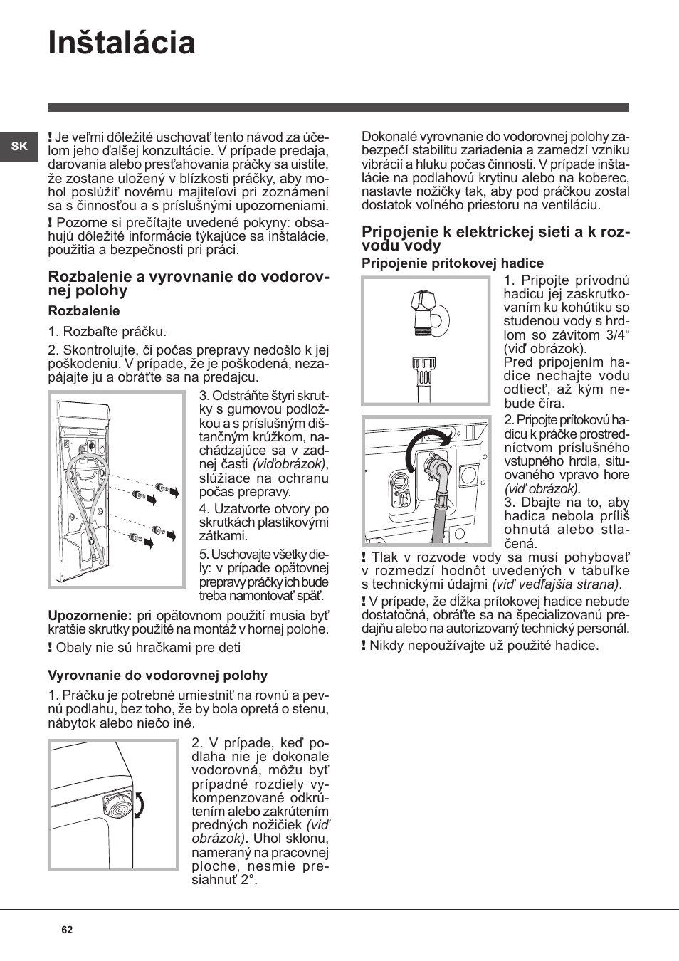 Inštalácia | Indesit WITL-861-(EU) User Manual | Page 62 / 92