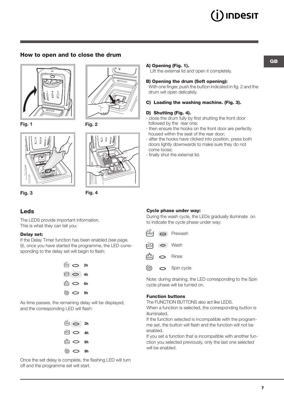 How to open and to close the drum, Leds | Indesit WITL-861-(EU) User Manual | Page 7 / 92