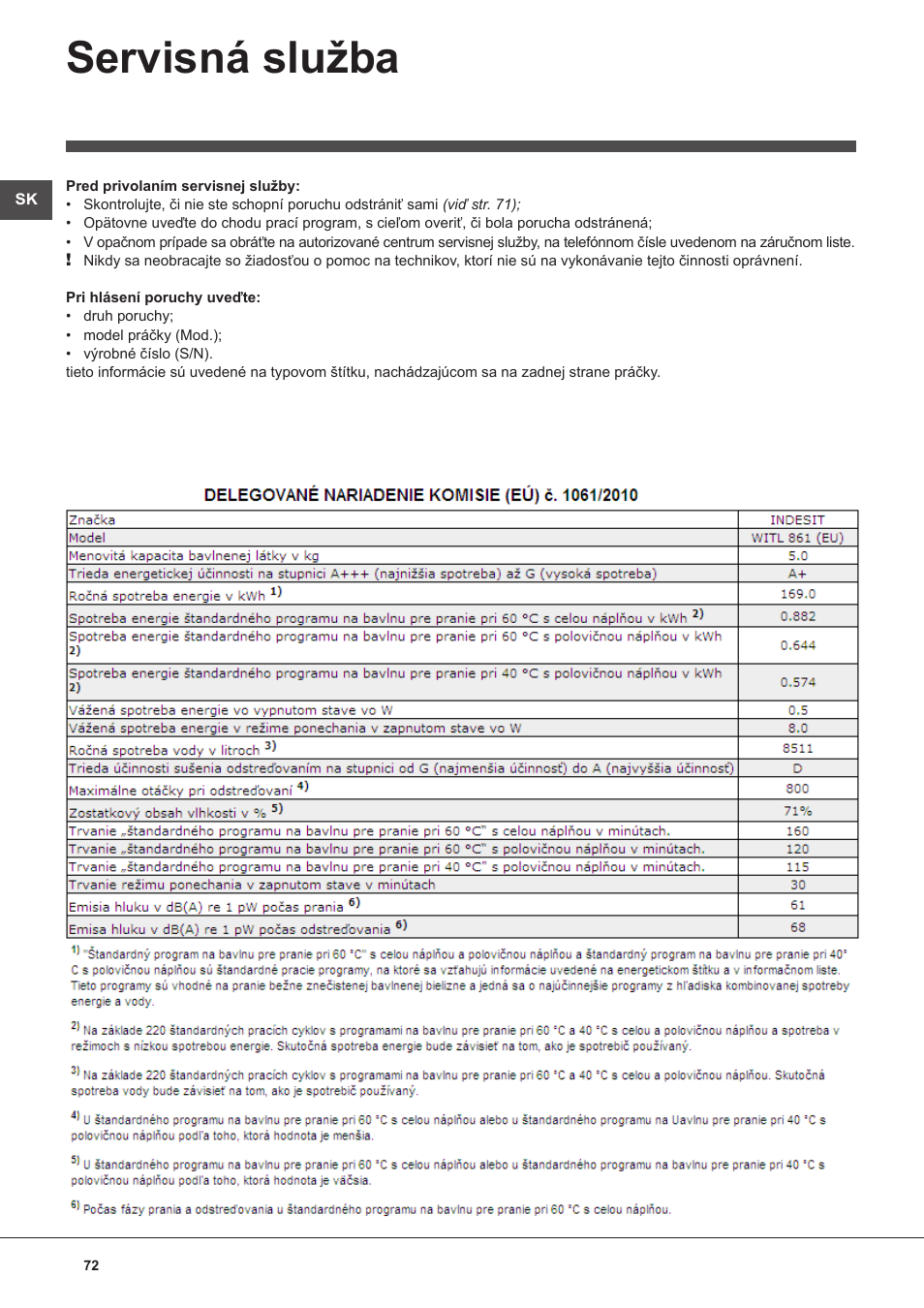 Servisná služba | Indesit WITL-861-(EU) User Manual | Page 72 / 92