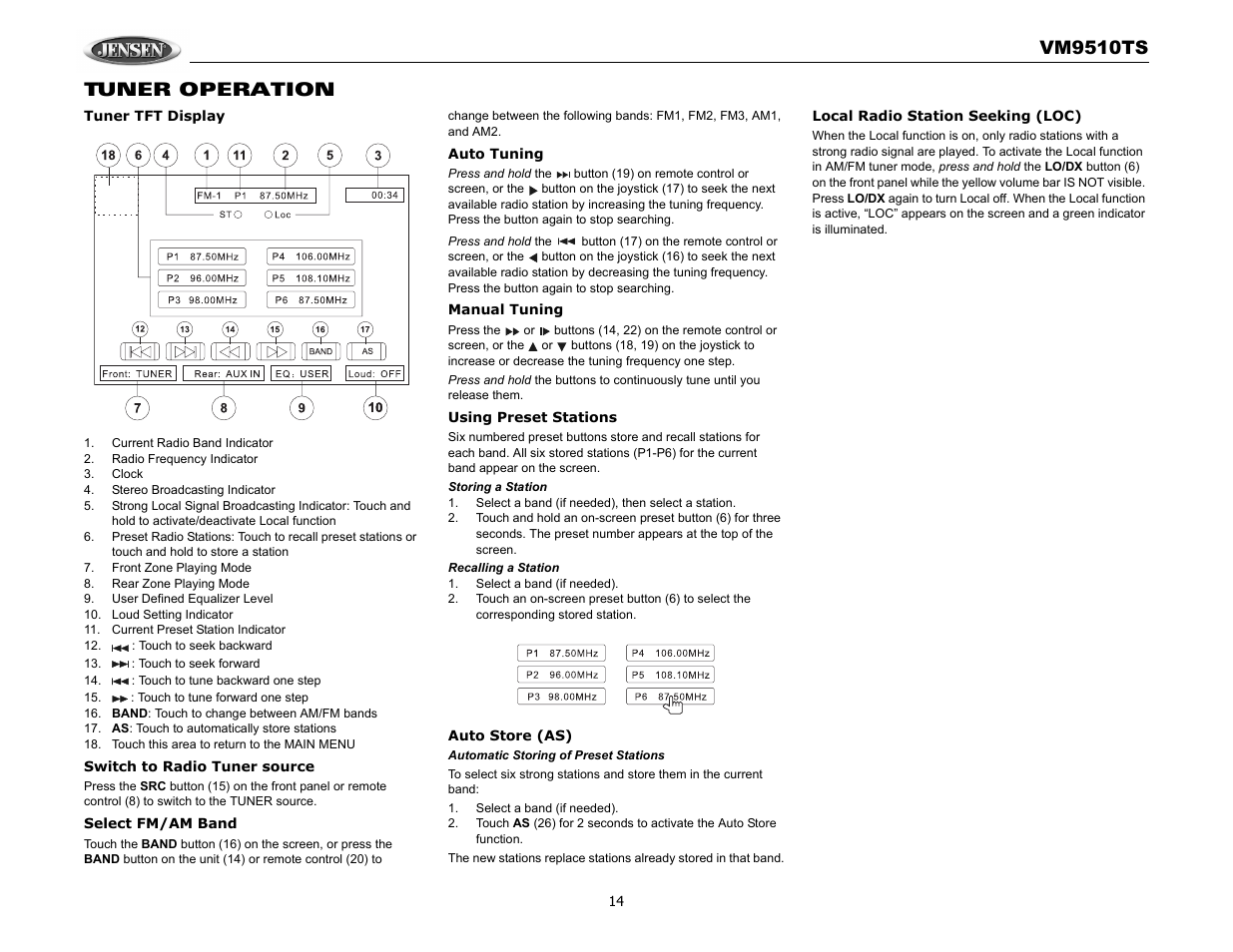 Vm9510ts, Tuner operation | Audiovox VM9510TS User Manual | Page 18 / 82