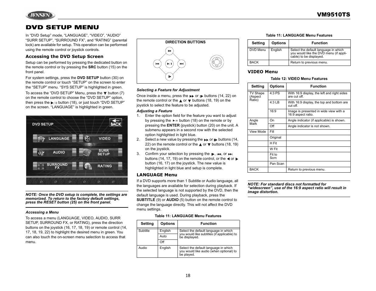 Vm9510ts, Dvd setup menu | Audiovox VM9510TS User Manual | Page 22 / 82