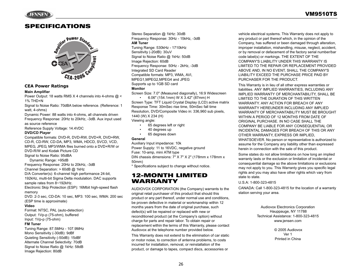 Vm9510ts, Specifications, Month limited warranty | Audiovox VM9510TS User Manual | Page 30 / 82