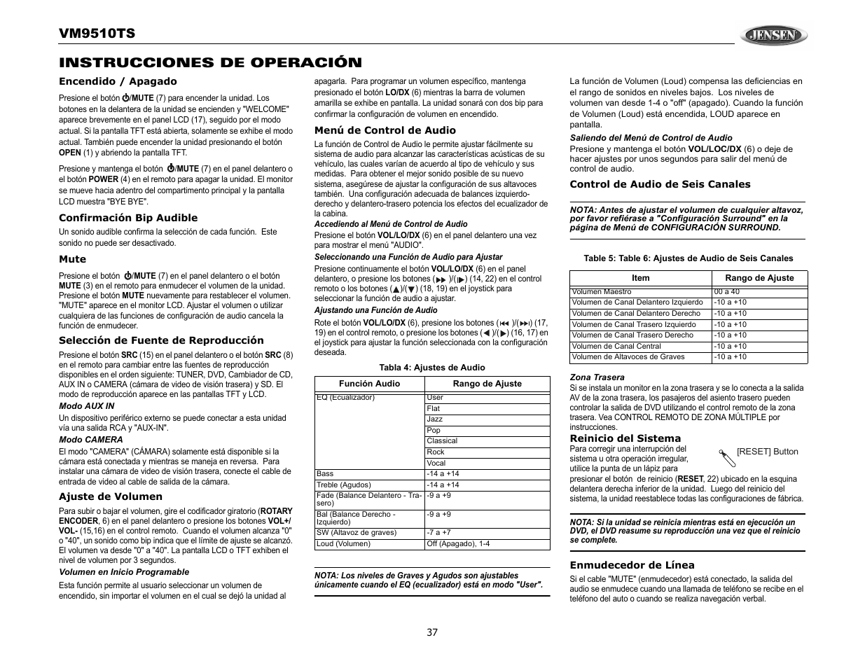 Vm9510ts, Instrucciones de operación | Audiovox VM9510TS User Manual | Page 41 / 82