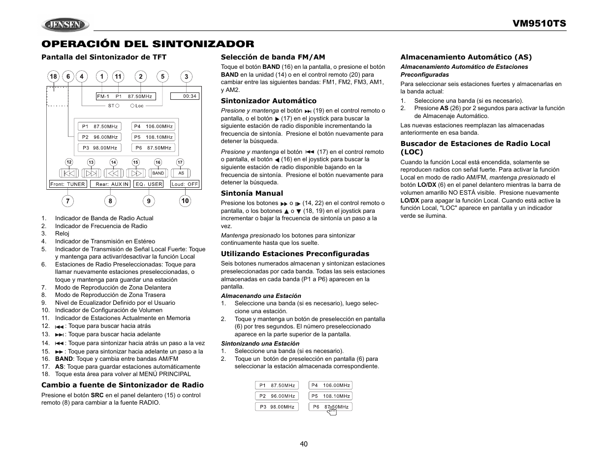 Vm9510ts, Operación del sintonizador | Audiovox VM9510TS User Manual | Page 44 / 82