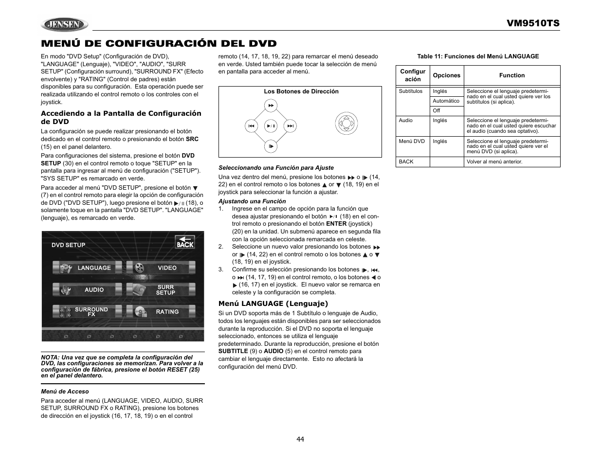 Vm9510ts, Menú de configuración del dvd | Audiovox VM9510TS User Manual | Page 48 / 82