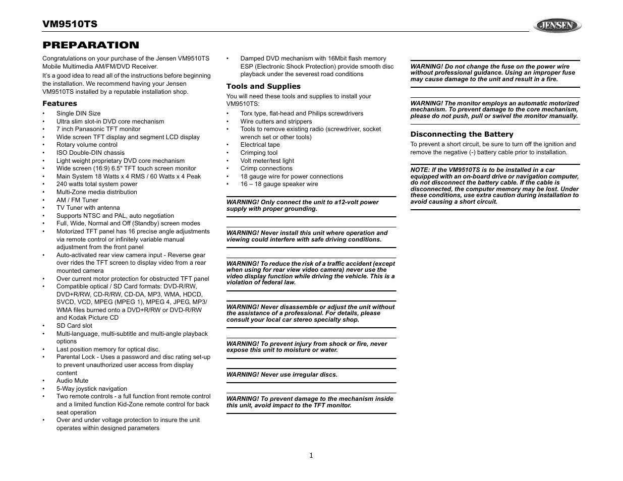 Vm9510ts, Preparation | Audiovox VM9510TS User Manual | Page 5 / 82