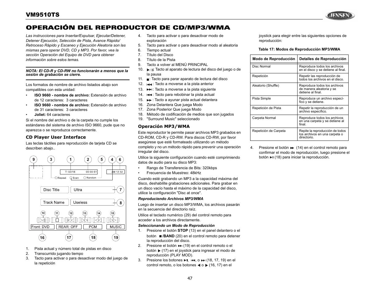 Vm9510ts, Operación del reproductor de cd/mp3/wma | Audiovox VM9510TS User Manual | Page 51 / 82