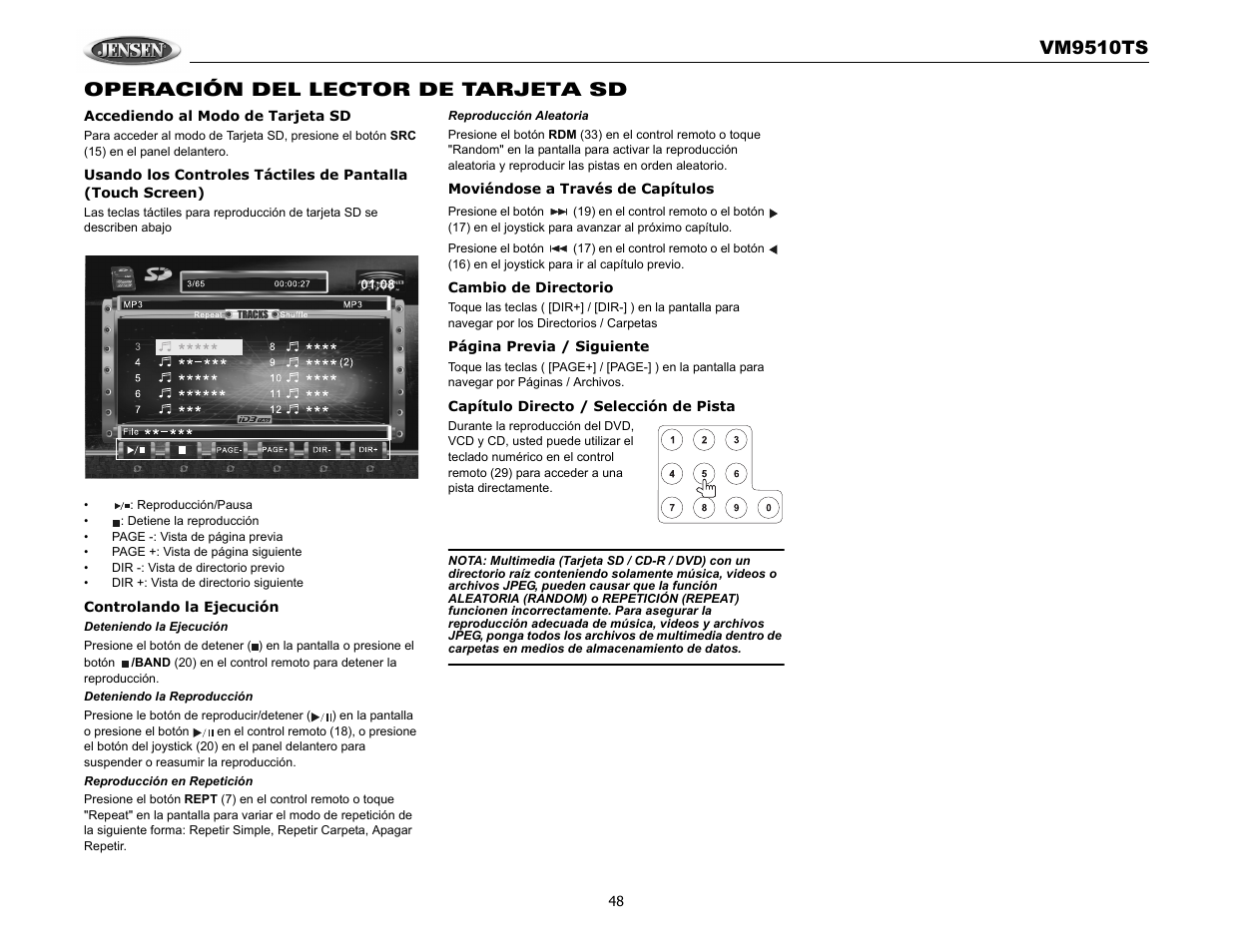 Vm9510ts, Operación del lector de tarjeta sd | Audiovox VM9510TS User Manual | Page 52 / 82