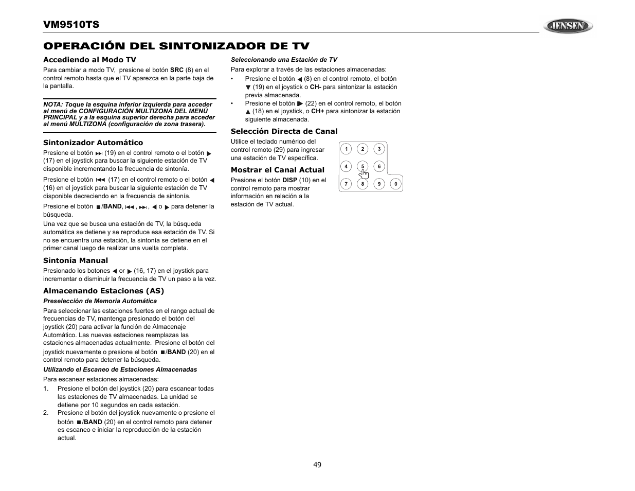 Vm9510ts, Operación del sintonizador de tv | Audiovox VM9510TS User Manual | Page 53 / 82