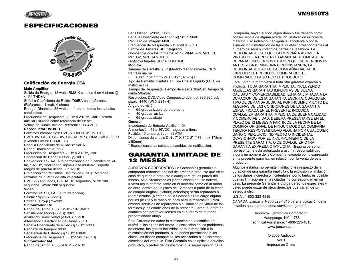 Vm9510ts, Especificaciones, Garantia limitade de 12 meses | Audiovox VM9510TS User Manual | Page 56 / 82