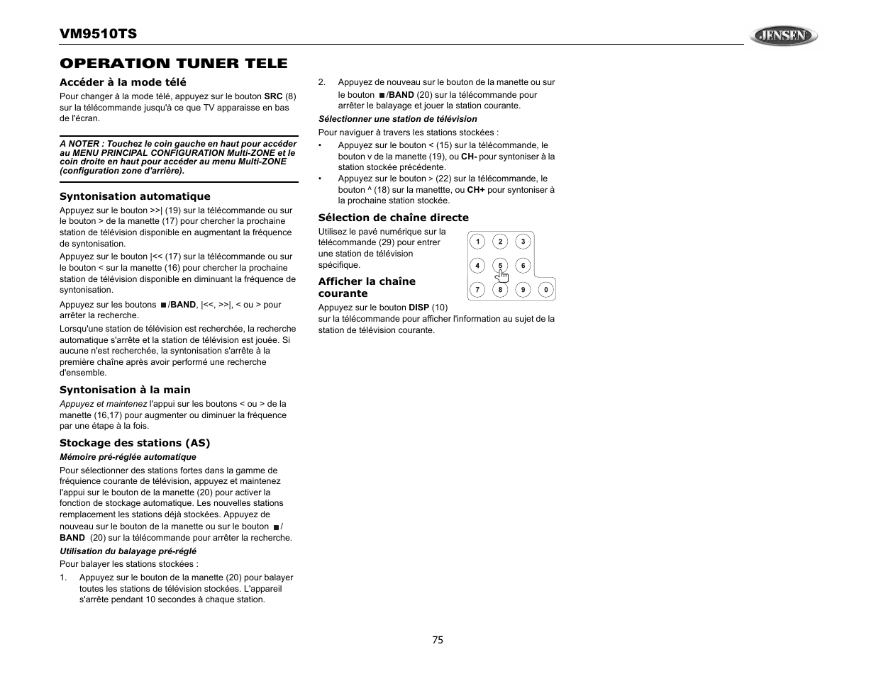 Vm9510ts, Operation tuner tele | Audiovox VM9510TS User Manual | Page 79 / 82