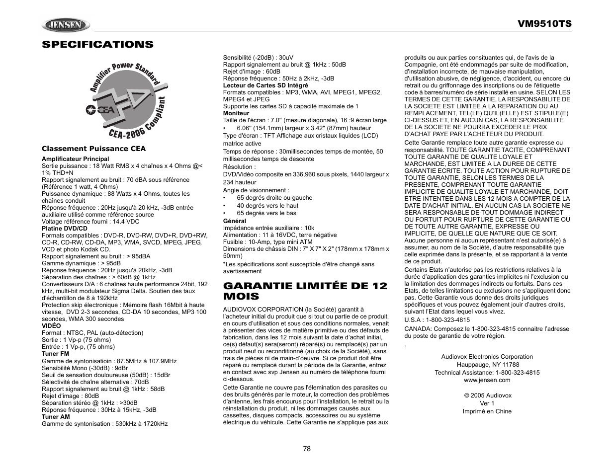 Vm9510ts, Specifications, Garantie limitée de 12 mois | Audiovox VM9510TS User Manual | Page 82 / 82