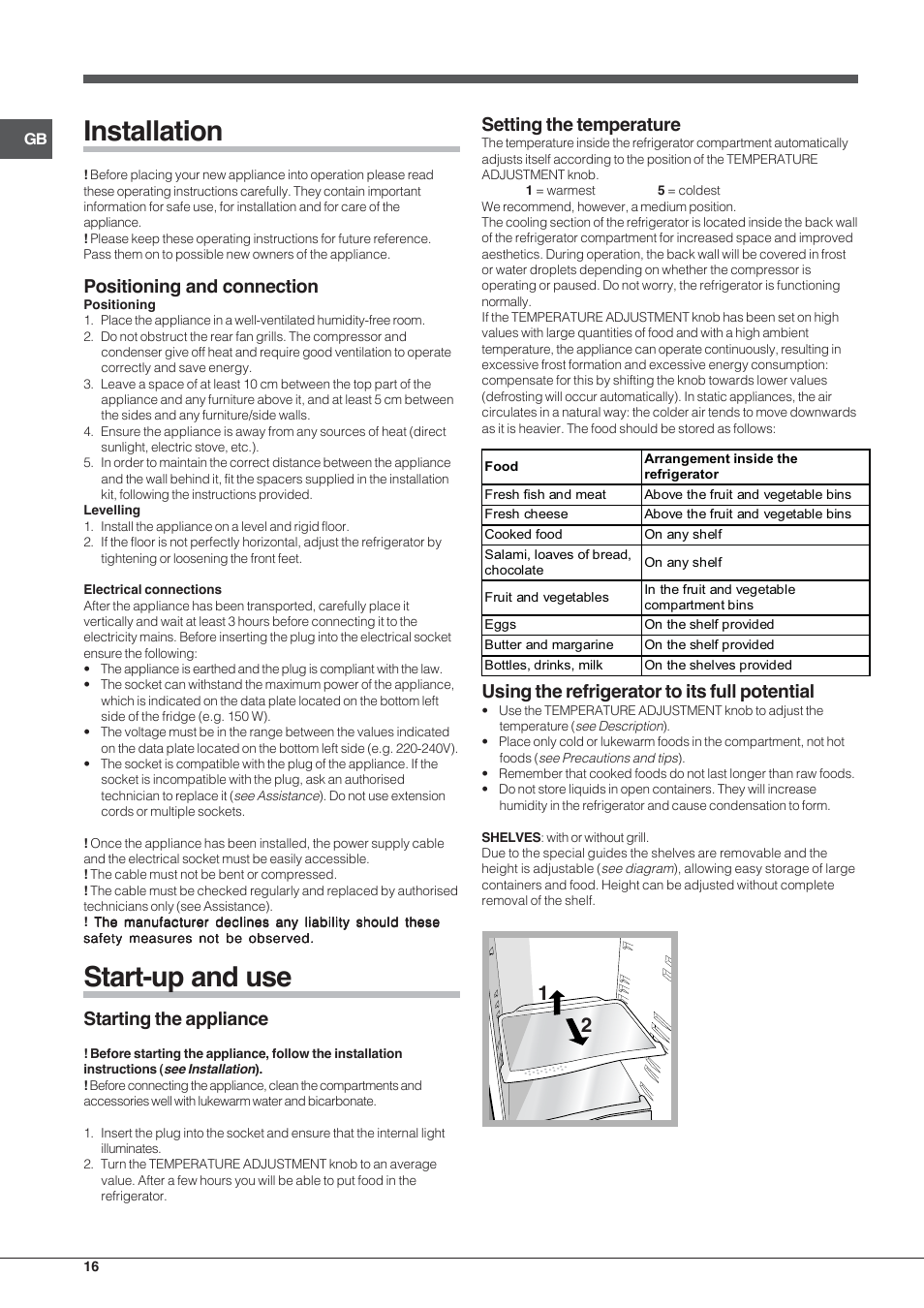Installation, Start-up and use, Positioning and connection | Starting the appliance, Setting the temperature, Using the refrigerator to its full potential | Indesit TAA-12-N User Manual | Page 16 / 72