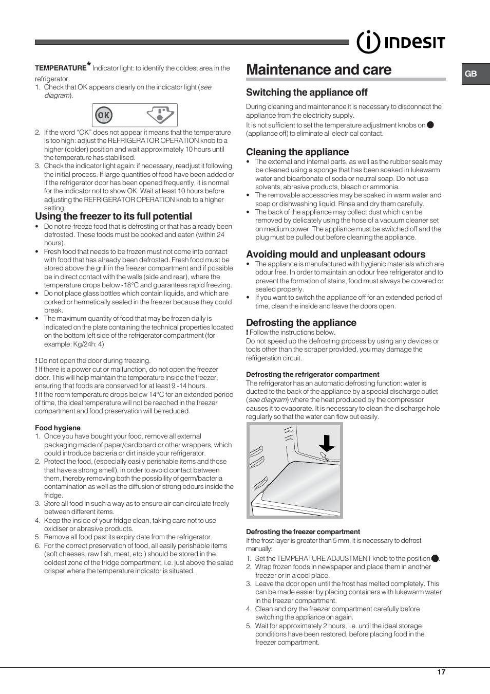 Maintenance and care, Using the freezer to its full potential, Switching the appliance off | Cleaning the appliance, Avoiding mould and unpleasant odours, Defrosting the appliance | Indesit TAA-12-N User Manual | Page 17 / 72