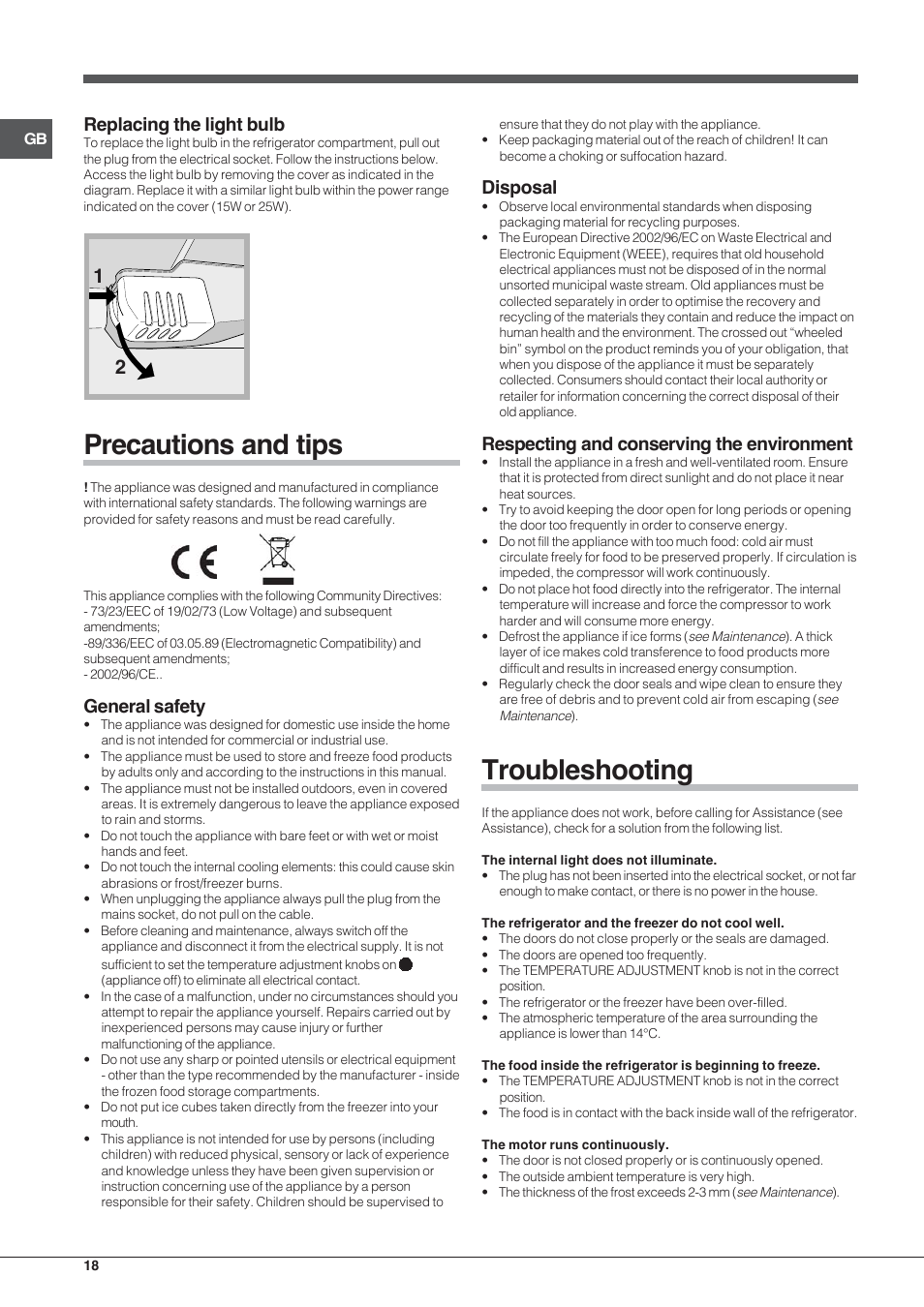 Precautions and tips, Troubleshooting, Replacing the light bulb | General safety, Disposal, Respecting and conserving the environment | Indesit TAA-12-N User Manual | Page 18 / 72