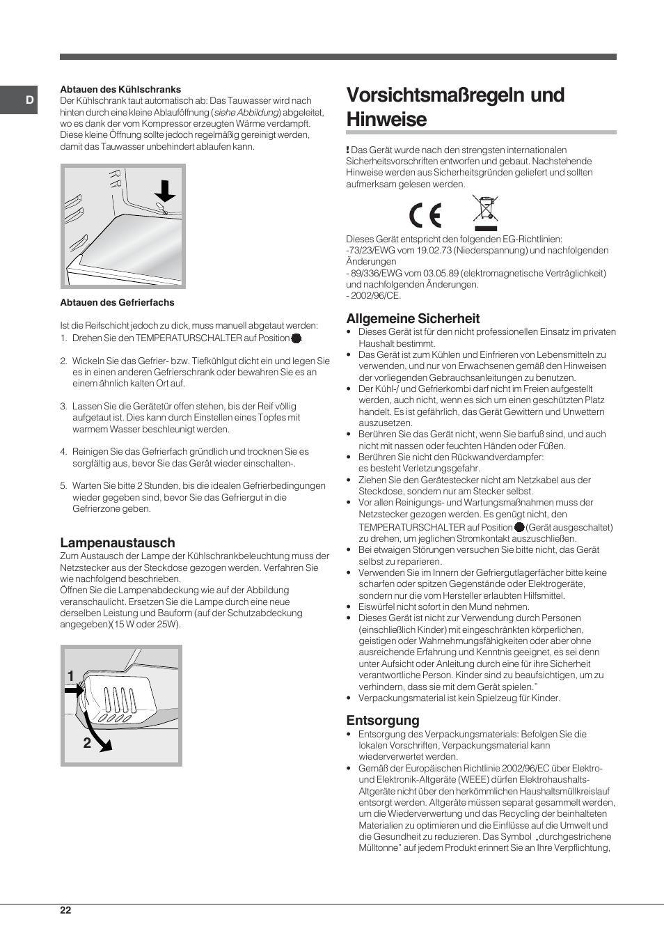 Vorsichtsmaßregeln und hinweise, Lampenaustausch, Allgemeine sicherheit | Entsorgung | Indesit TAA-12-N User Manual | Page 22 / 72