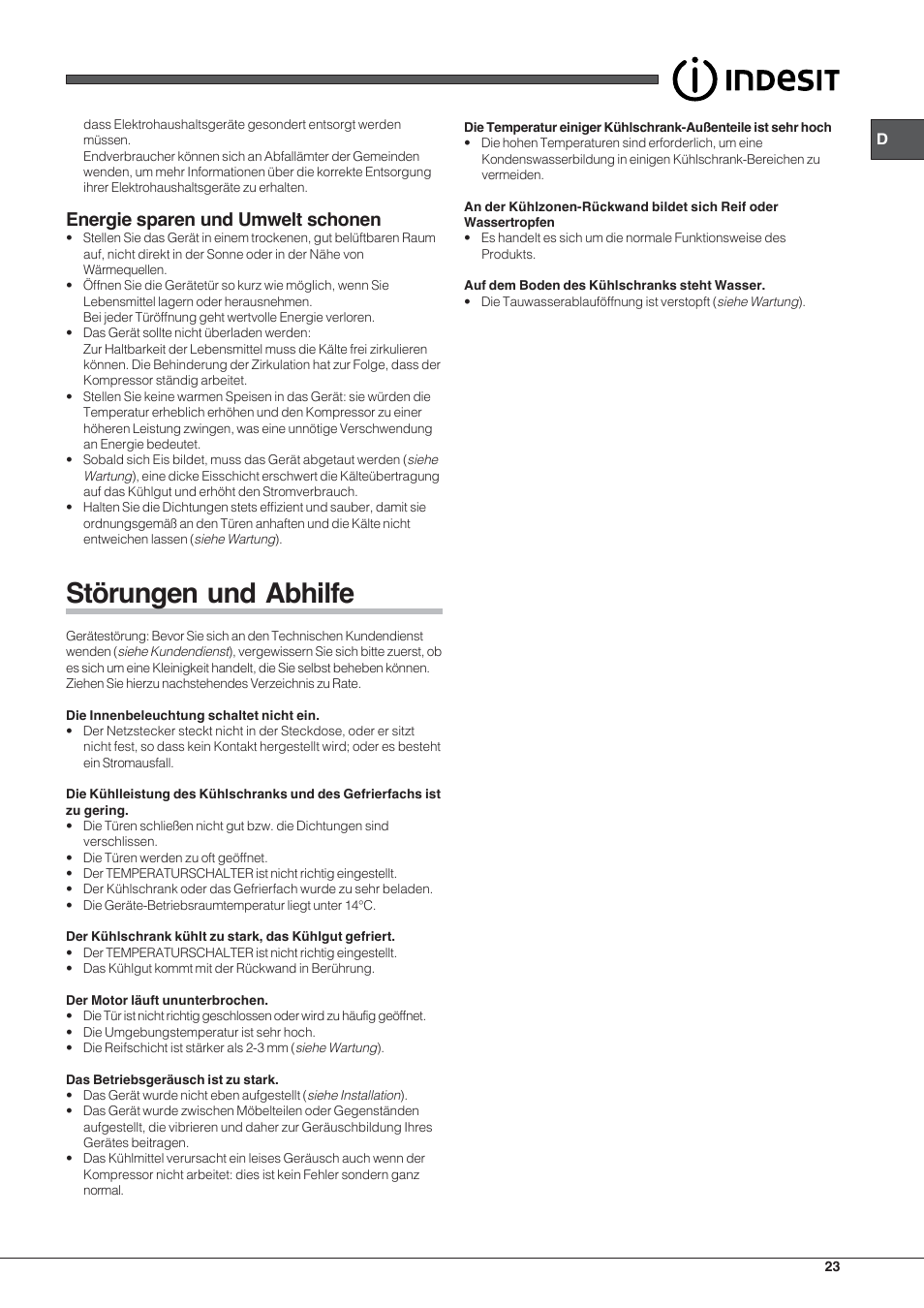 Störungen und abhilfe, Energie sparen und umwelt schonen | Indesit TAA-12-N User Manual | Page 23 / 72