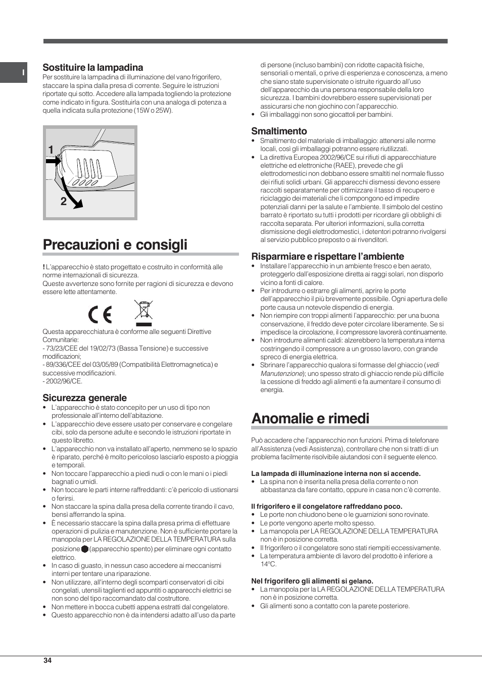 Precauzioni e consigli, Anomalie e rimedi, Sostituire la lampadina | Sicurezza generale, Smaltimento, Risparmiare e rispettare l’ambiente | Indesit TAA-12-N User Manual | Page 34 / 72