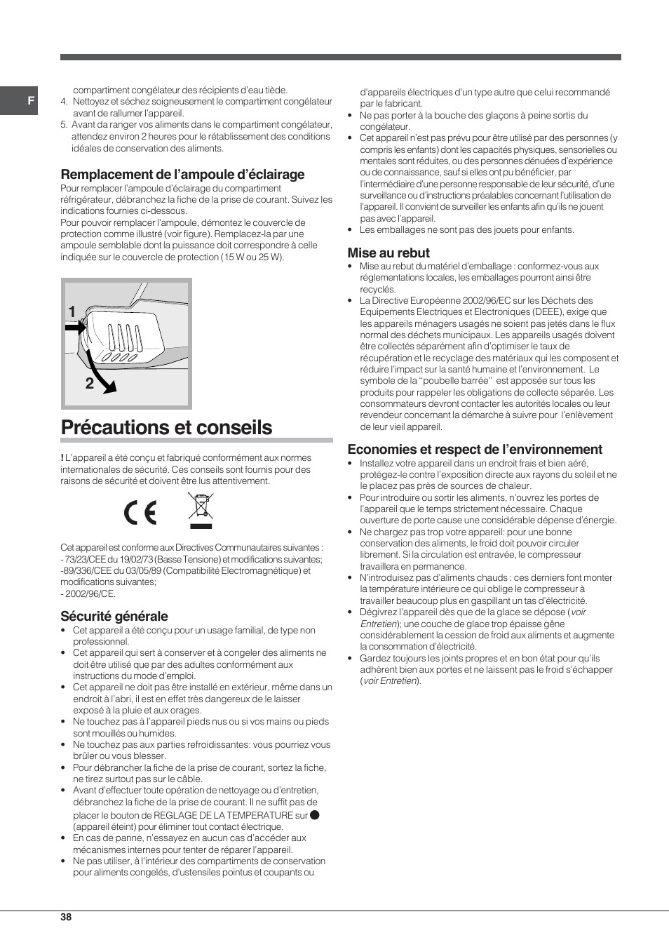 Précautions et conseils, Sécurité générale, Mise au rebut | Economies et respect de l’environnement, Remplacement de l’ampoule d’éclairage | Indesit TAA-12-N User Manual | Page 38 / 72