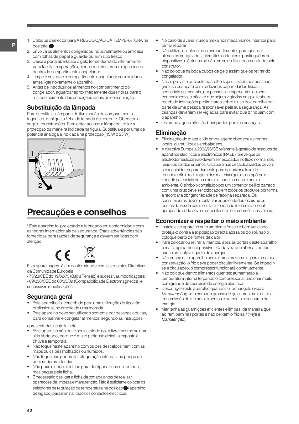 Precauções e conselhos, Substituição da lâmpada, Segurança geral | Eliminação, Economizar e respeitar o meio ambiente | Indesit TAA-12-N User Manual | Page 42 / 72