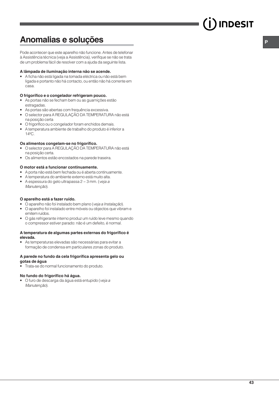 Anomalias e soluções | Indesit TAA-12-N User Manual | Page 43 / 72