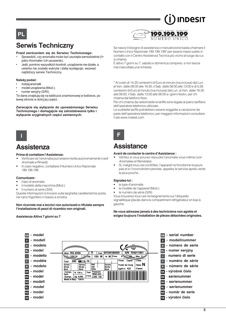 Assistenza, Assistance | Indesit TAA-12-N User Manual | Page 5 / 72