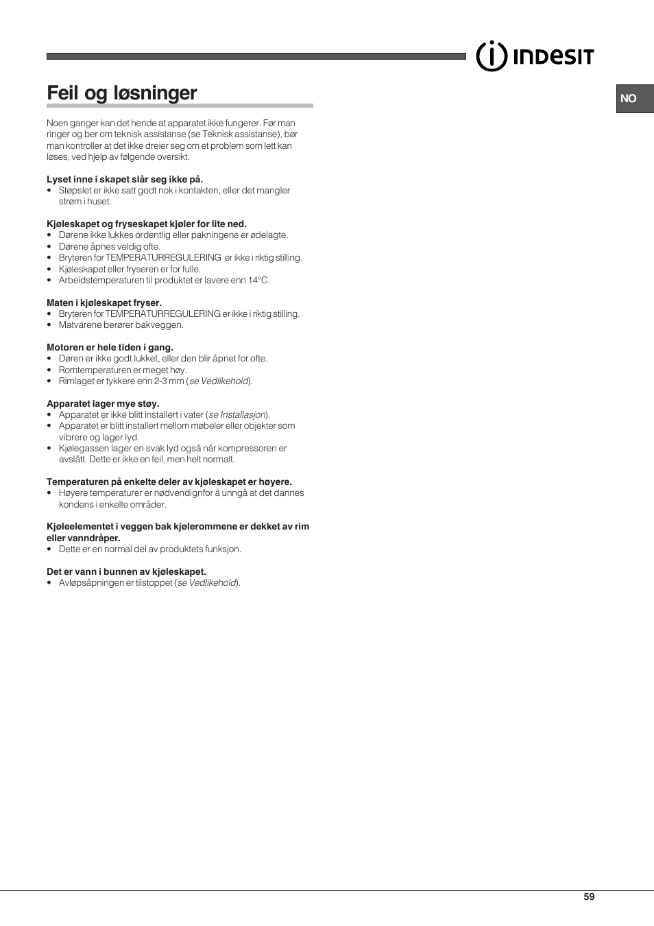 Feil og løsninger | Indesit TAA-12-N User Manual | Page 59 / 72