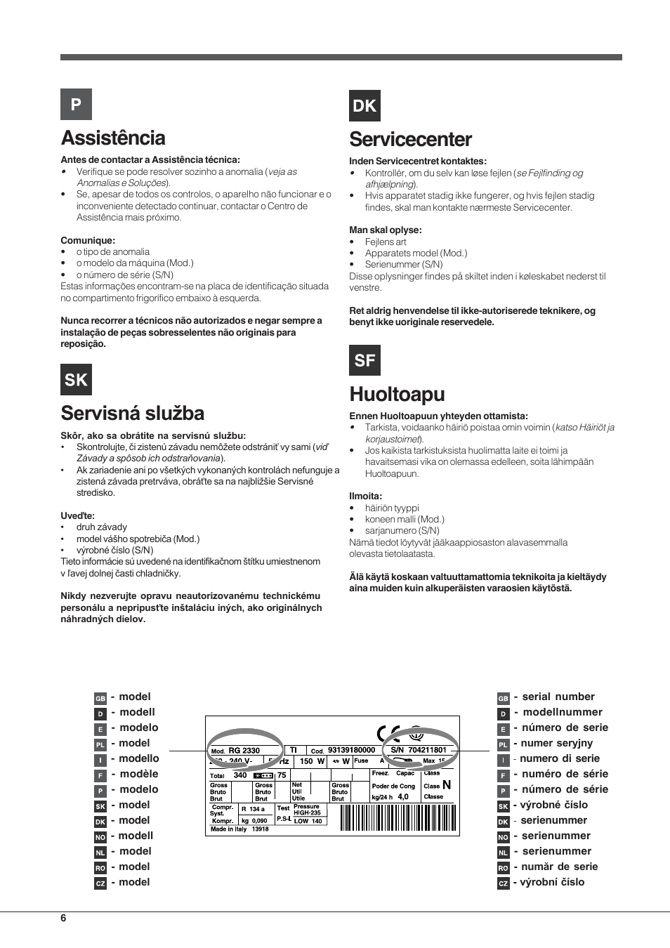 Assistência, Servicecenter, Huoltoapu | Indesit TAA-12-N User Manual | Page 6 / 72