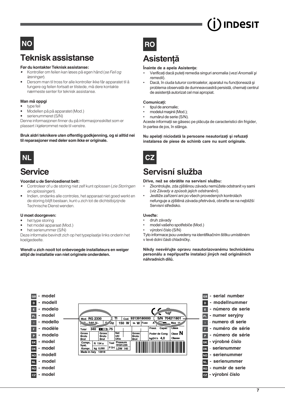 Teknisk assistanse, Service | Indesit TAA-12-N User Manual | Page 7 / 72