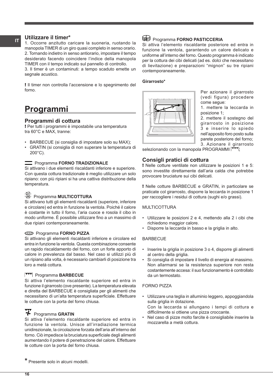 Programmi, Utilizzare il timer, Programmi di cottura | Consigli pratici di cottura | Indesit IF-63-K.A-IX-S User Manual | Page 16 / 80