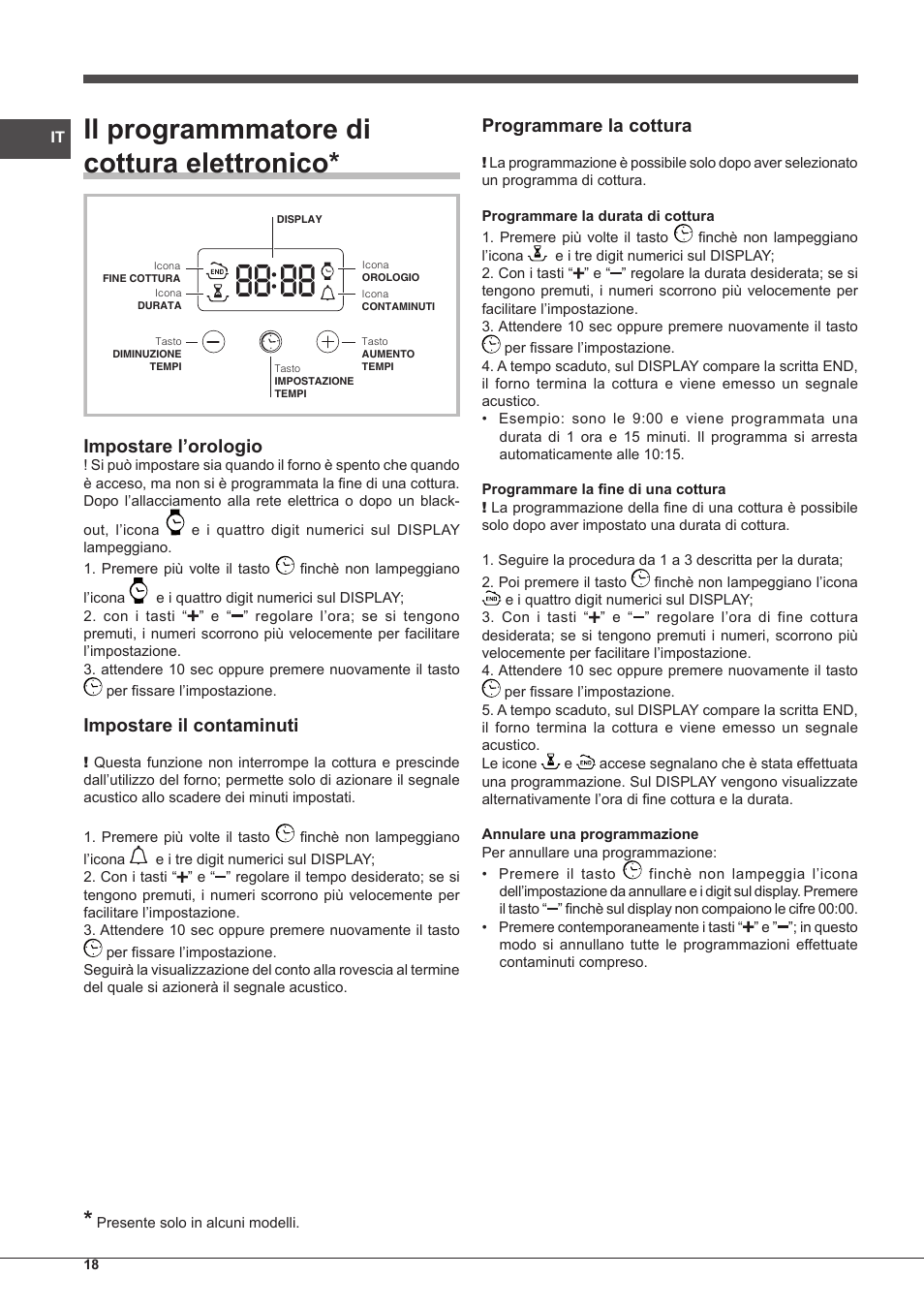 Il programmmatore di cottura elettronico, Impostare l’orologio, Impostare il contaminuti | Programmare la cottura | Indesit IF-63-K.A-IX-S User Manual | Page 18 / 80