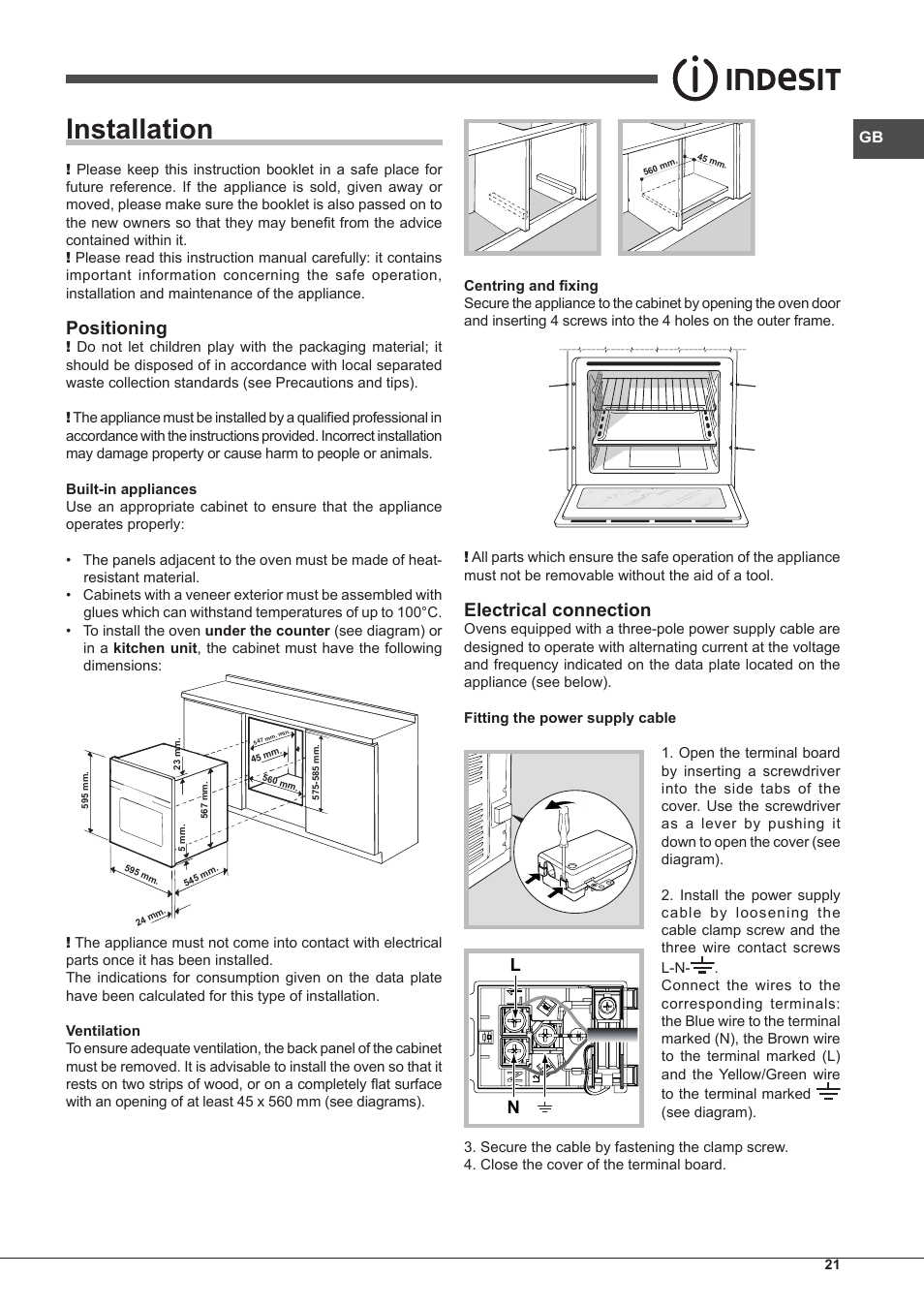 Installation, Positioning, Electrical connection | Indesit IF-63-K.A-IX-S User Manual | Page 21 / 80