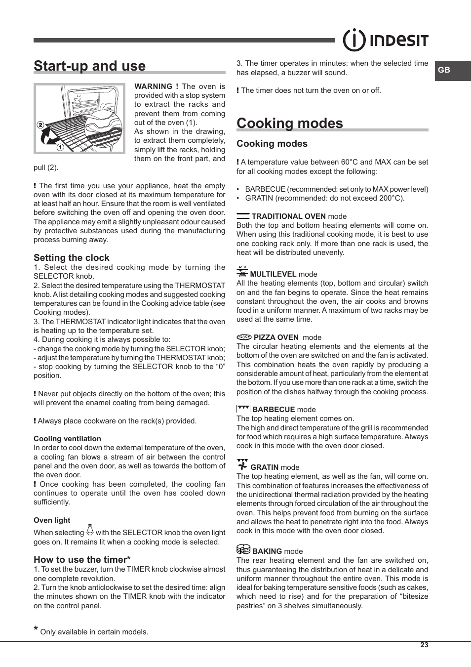 Start-up and use, Cooking modes, Setting the clock | How to use the timer | Indesit IF-63-K.A-IX-S User Manual | Page 23 / 80