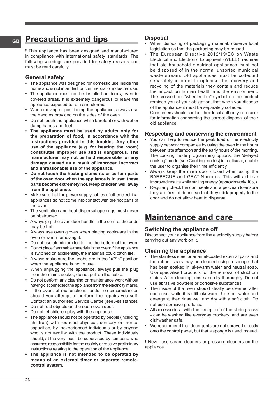 Precautions and tips, Maintenance and care, General safety | Disposal, Respecting and conserving the environment, Switching the appliance off, Cleaning the appliance | Indesit IF-63-K.A-IX-S User Manual | Page 26 / 80