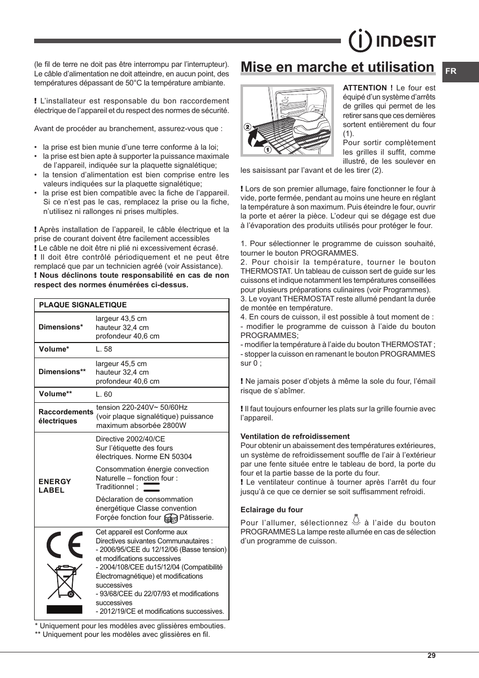 Mise en marche et utilisation | Indesit IF-63-K.A-IX-S User Manual | Page 29 / 80
