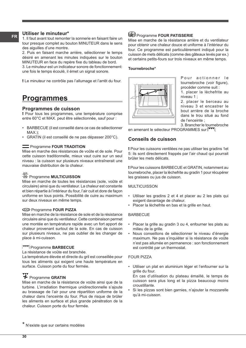 Programmes, Utiliser le minuteur, Programmes de cuisson | Conseils de cuisson | Indesit IF-63-K.A-IX-S User Manual | Page 30 / 80