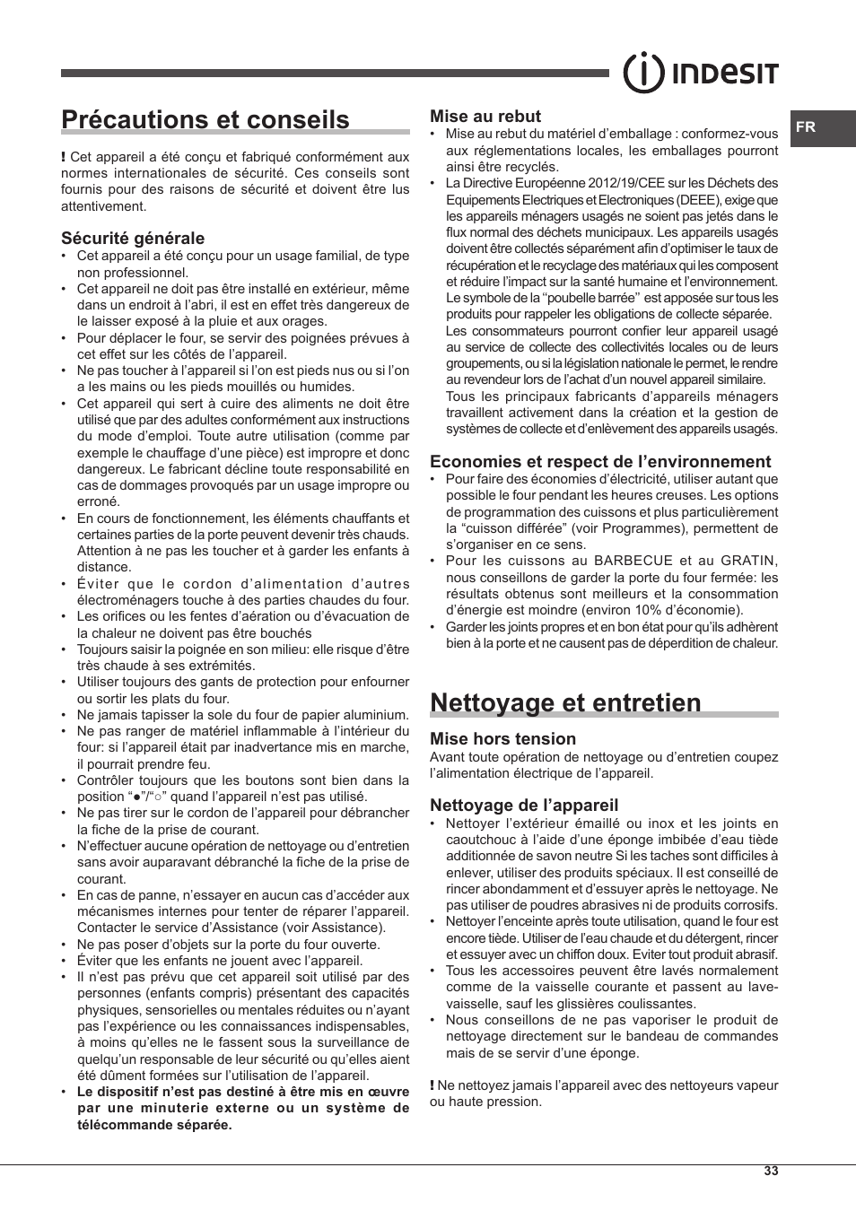 Précautions et conseils, Nettoyage et entretien, Sécurité générale | Mise au rebut, Economies et respect de l’environnement, Mise hors tension, Nettoyage de l’appareil | Indesit IF-63-K.A-IX-S User Manual | Page 33 / 80