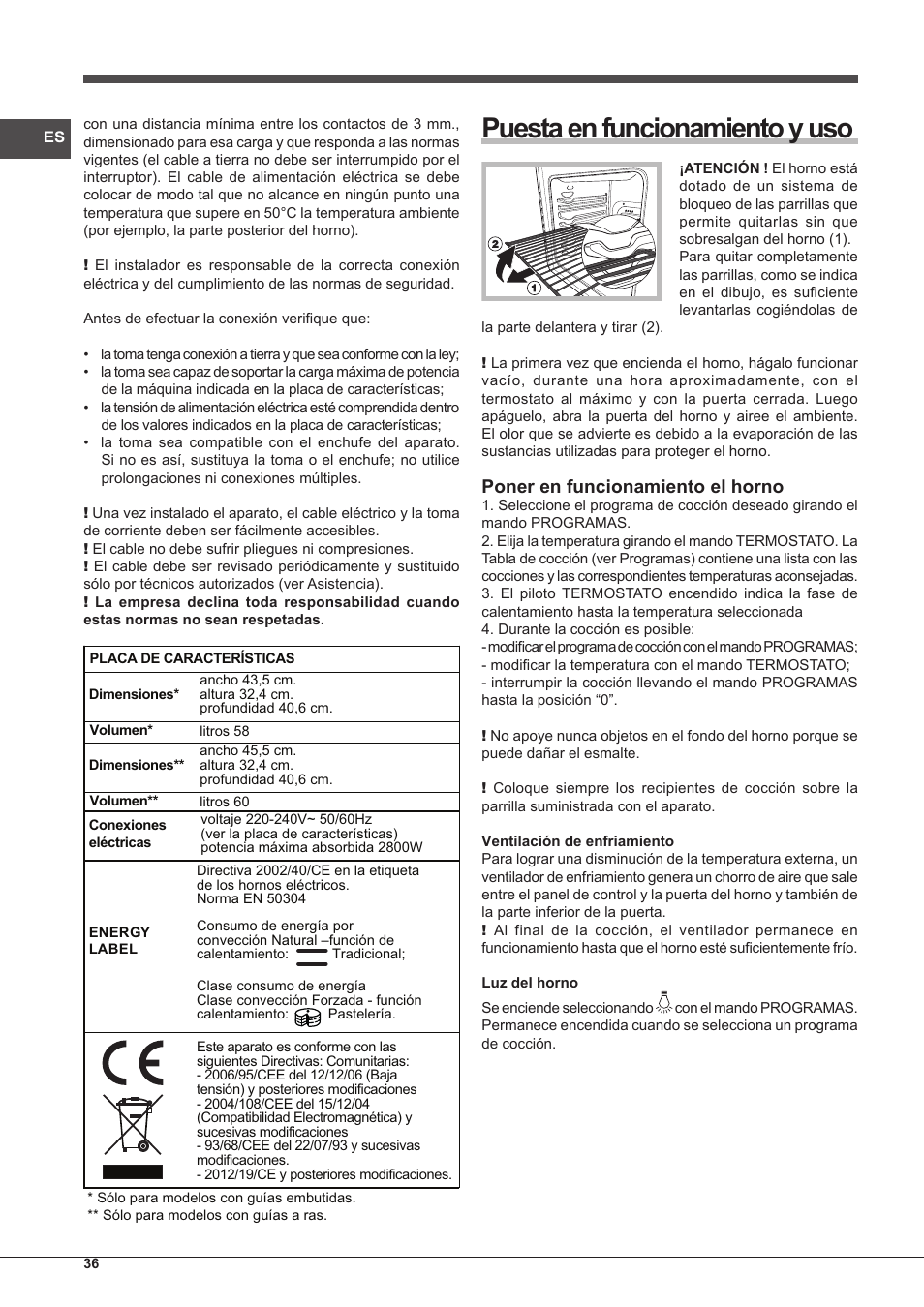 Puesta en funcionamiento y uso, Poner en funcionamiento el horno | Indesit IF-63-K.A-IX-S User Manual | Page 36 / 80