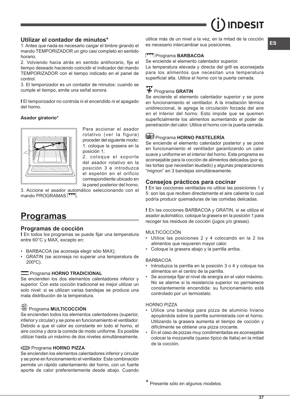 Programas, Utilizar el contador de minutos, Programas de cocción | Consejos prácticos para cocinar | Indesit IF-63-K.A-IX-S User Manual | Page 37 / 80