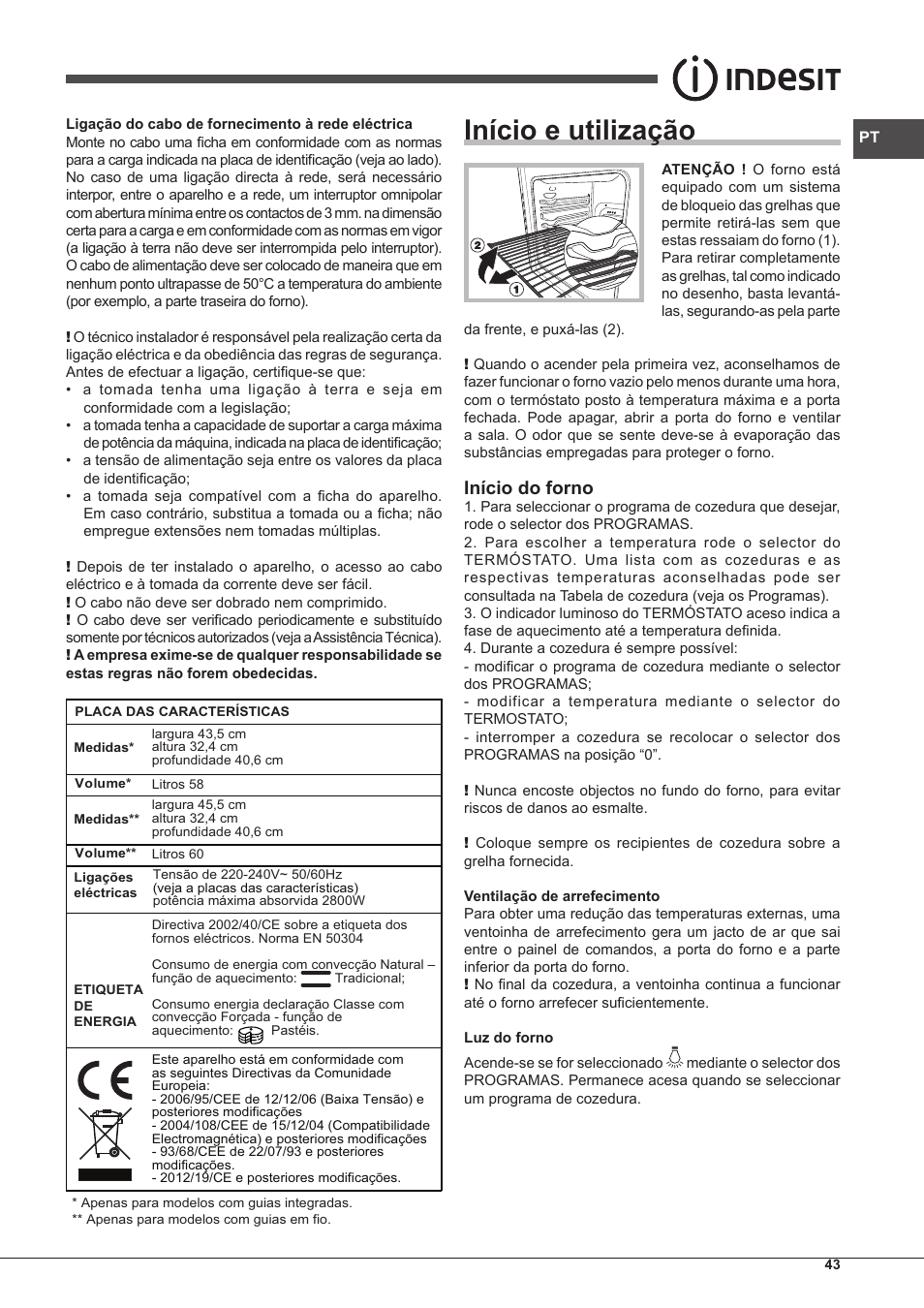 Início e utilização, Início do forno | Indesit IF-63-K.A-IX-S User Manual | Page 43 / 80