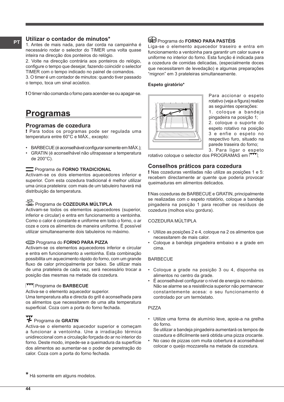 Programas, Utilizar o contador de minutos, Programas de cozedura | Conselhos práticos para cozedura | Indesit IF-63-K.A-IX-S User Manual | Page 44 / 80