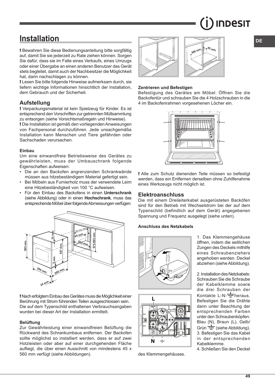 Installation, Aufstellung, Elektroanschluss | Indesit IF-63-K.A-IX-S User Manual | Page 49 / 80