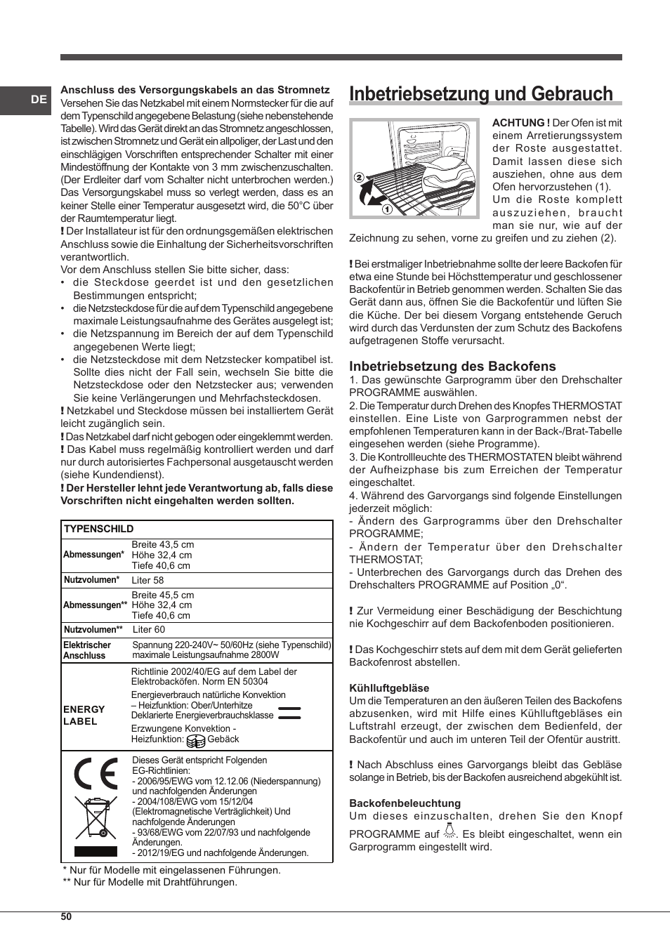 Inbetriebsetzung und gebrauch, Inbetriebsetzung des backofens | Indesit IF-63-K.A-IX-S User Manual | Page 50 / 80