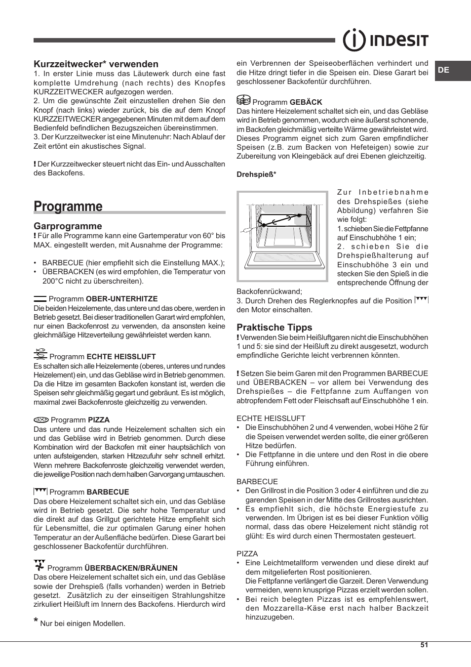 Programme, Kurzzeitwecker* verwenden, Garprogramme | Praktische tipps | Indesit IF-63-K.A-IX-S User Manual | Page 51 / 80