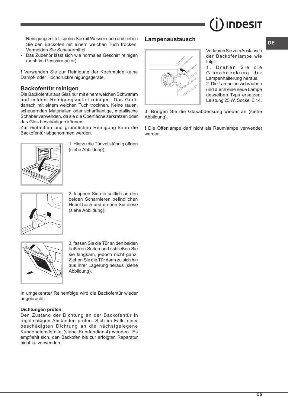 Backofentür reinigen, Lampenaustausch | Indesit IF-63-K.A-IX-S User Manual | Page 55 / 80