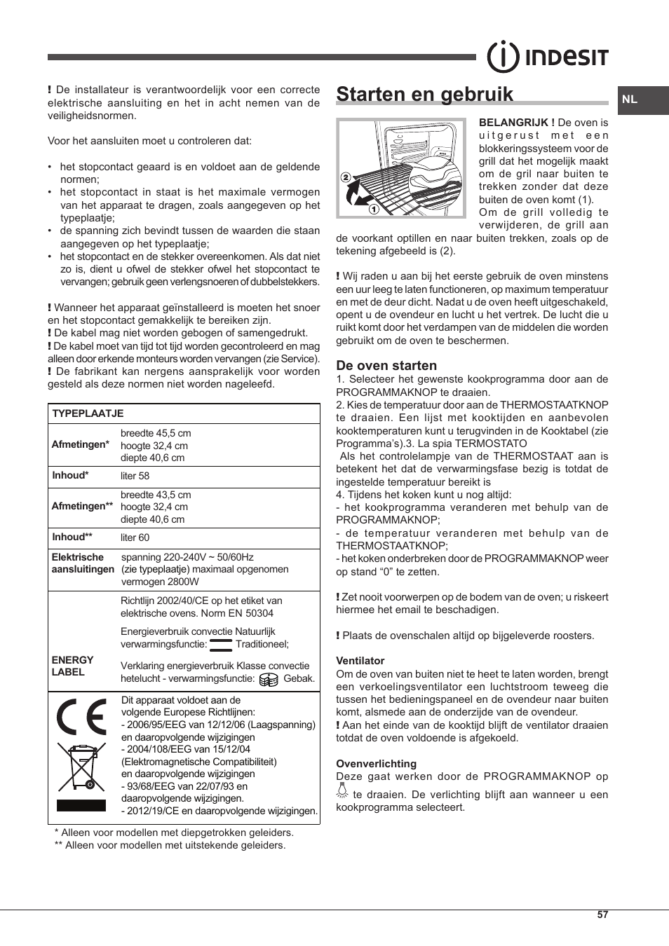 Starten en gebruik, De oven starten | Indesit IF-63-K.A-IX-S User Manual | Page 57 / 80