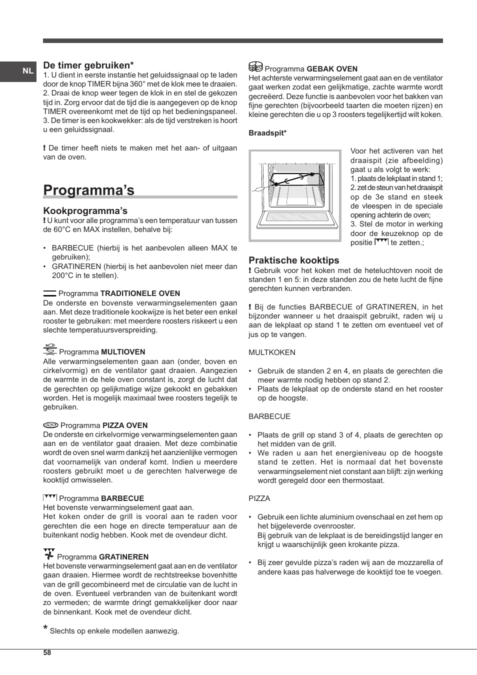 Programma’s, De timer gebruiken, Kookprogramma’s | Praktische kooktips | Indesit IF-63-K.A-IX-S User Manual | Page 58 / 80
