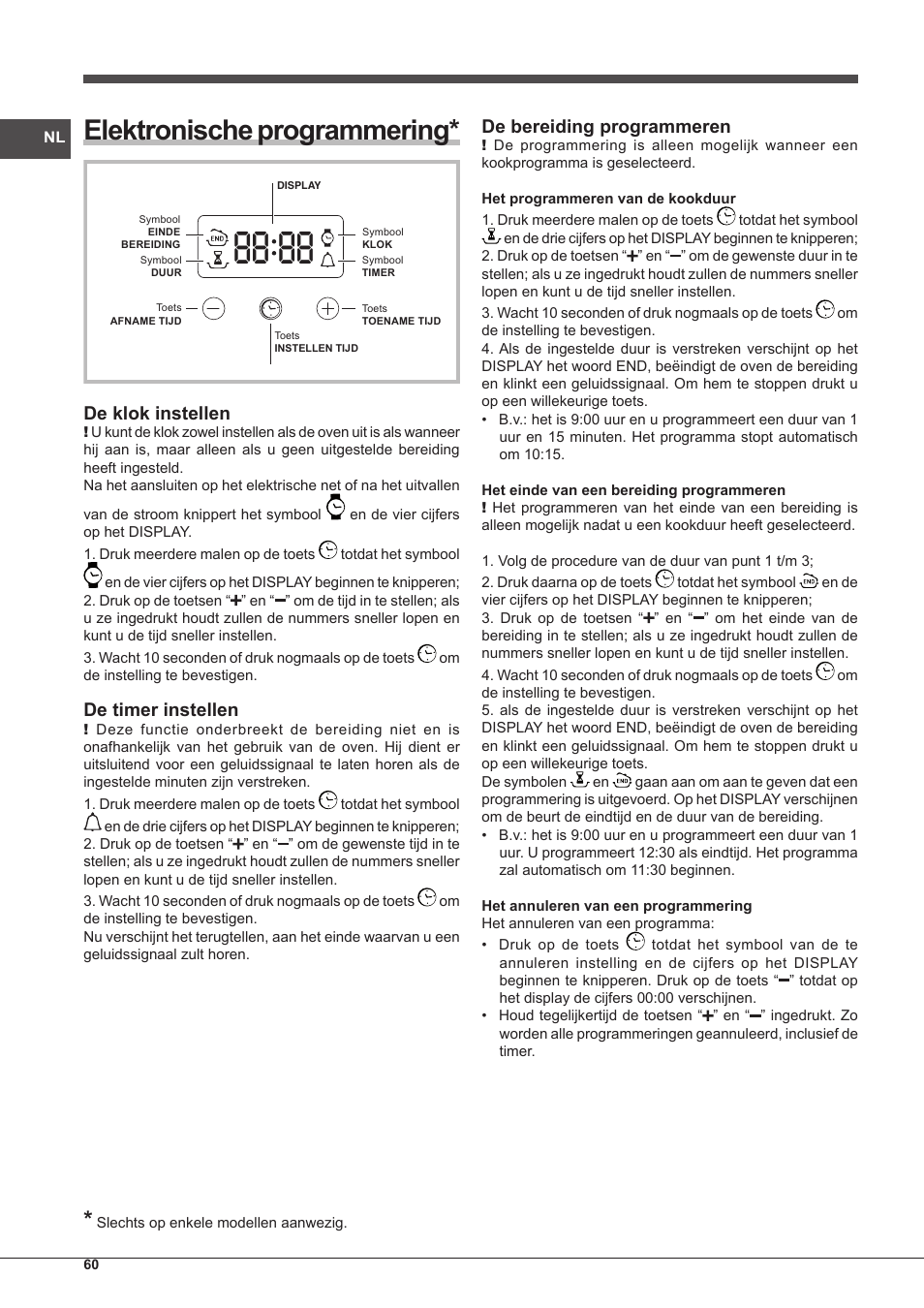 Elektronische programmering, De klok instellen, De timer instellen | De bereiding programmeren | Indesit IF-63-K.A-IX-S User Manual | Page 60 / 80