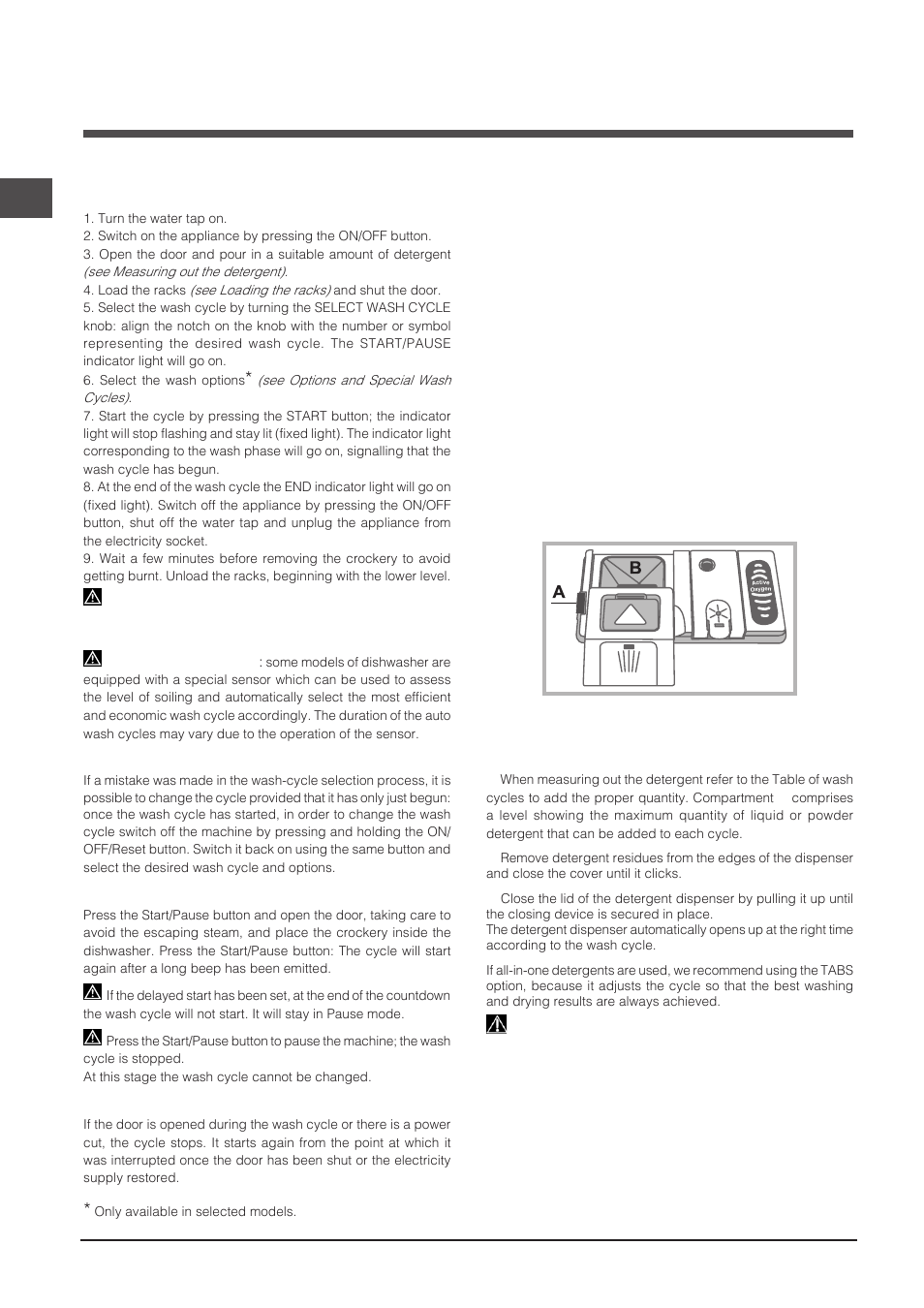 Start-up and use, Measuring out the detergent, Starting the dishwasher | Indesit DFP-27T94-A-EU User Manual | Page 24 / 72